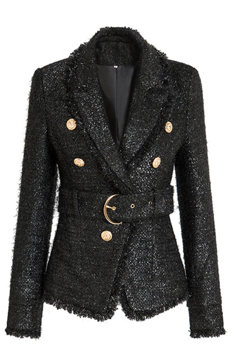 Leely Black Tweed Notched Lapel Women Blazer with Belt