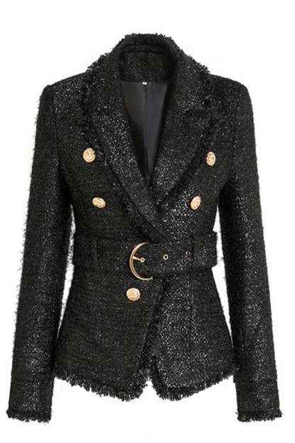 Leely Black Tweed Notched Lapel Women Blazer with Belt