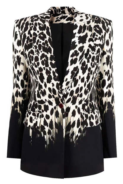 Leely Black and White Leapard Pattern Peak Lapel One Button Women Blazer