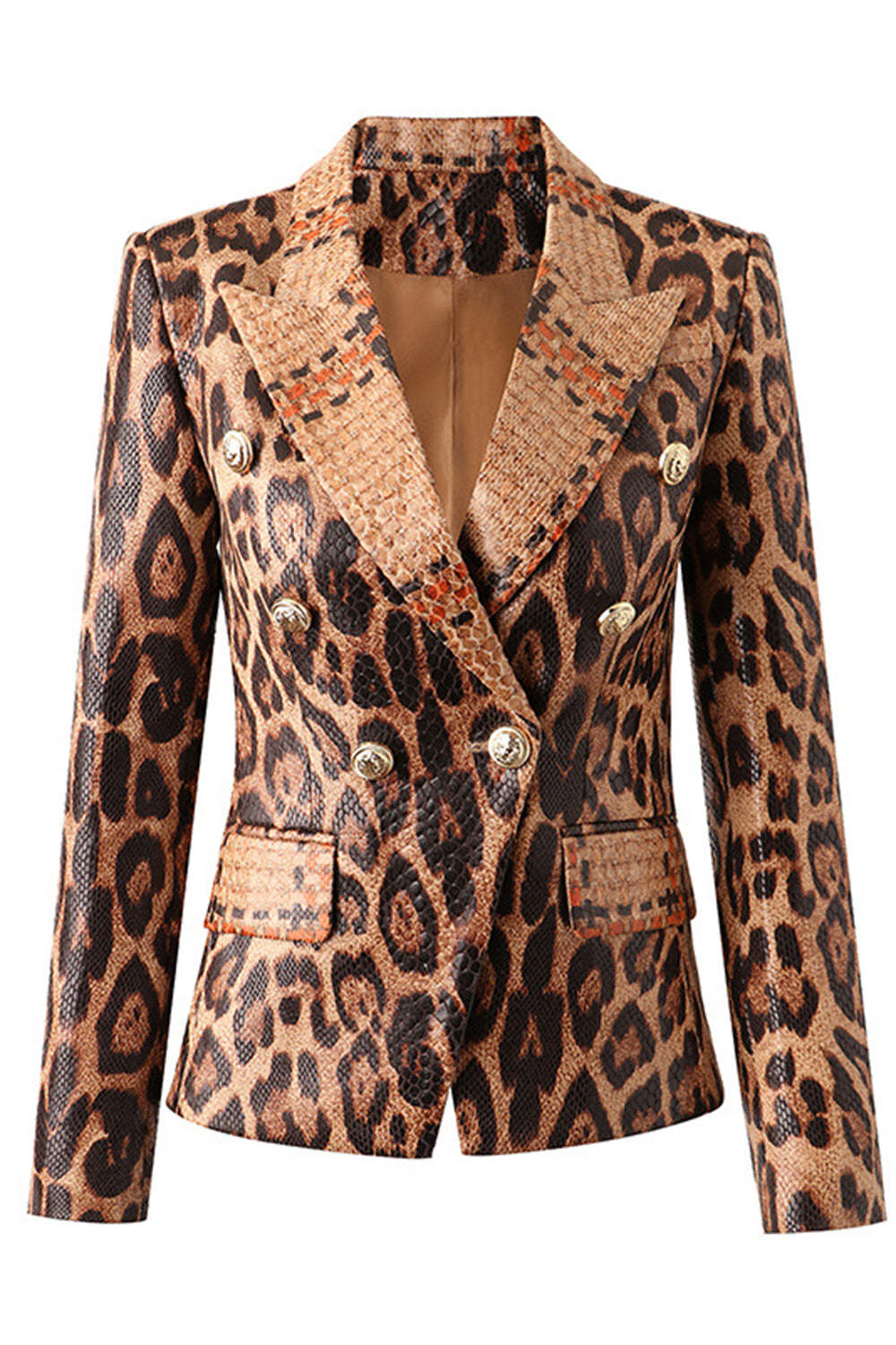Leely Women Blazer Leopard Print Peak Lapel Long Sleeves Prom Blazer