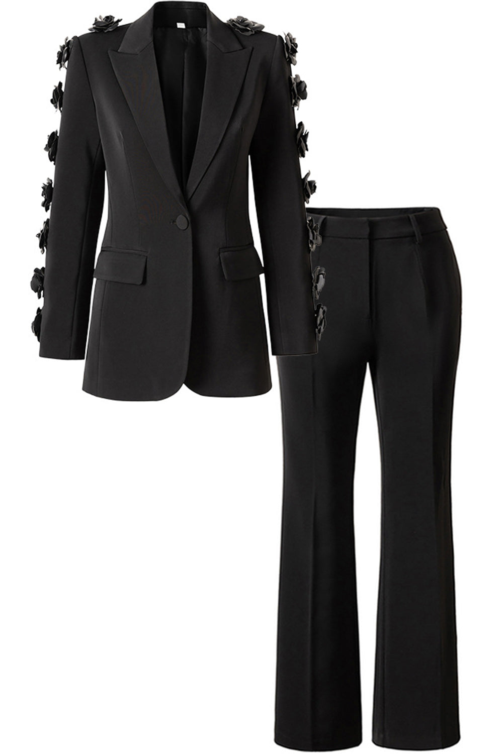 Leely Women Suit Black 2 Piece Peak Lapel Formal Suits with 3D Flower