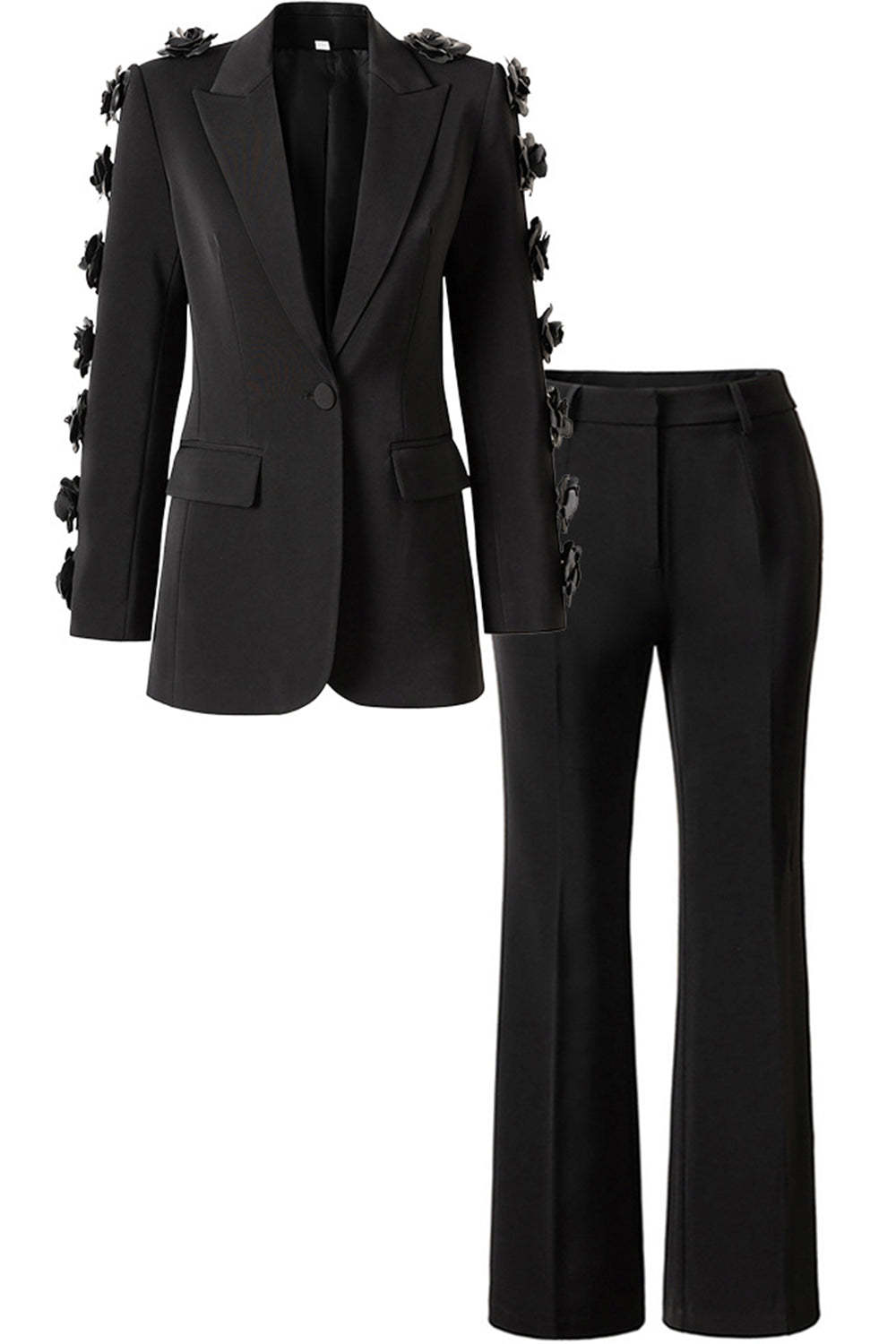 Leely Women Suit Black 2 Piece Peak Lapel Formal Suits with 3D Flower