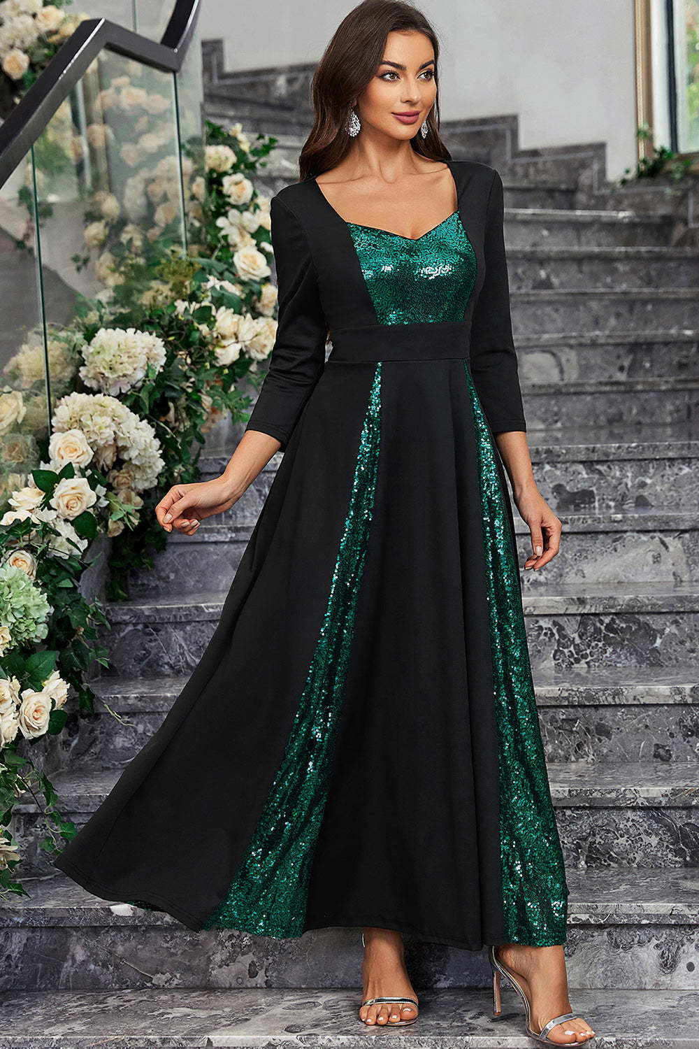 Sparkly Black Green Sequined A Line Prom Dress With Long Sleeves