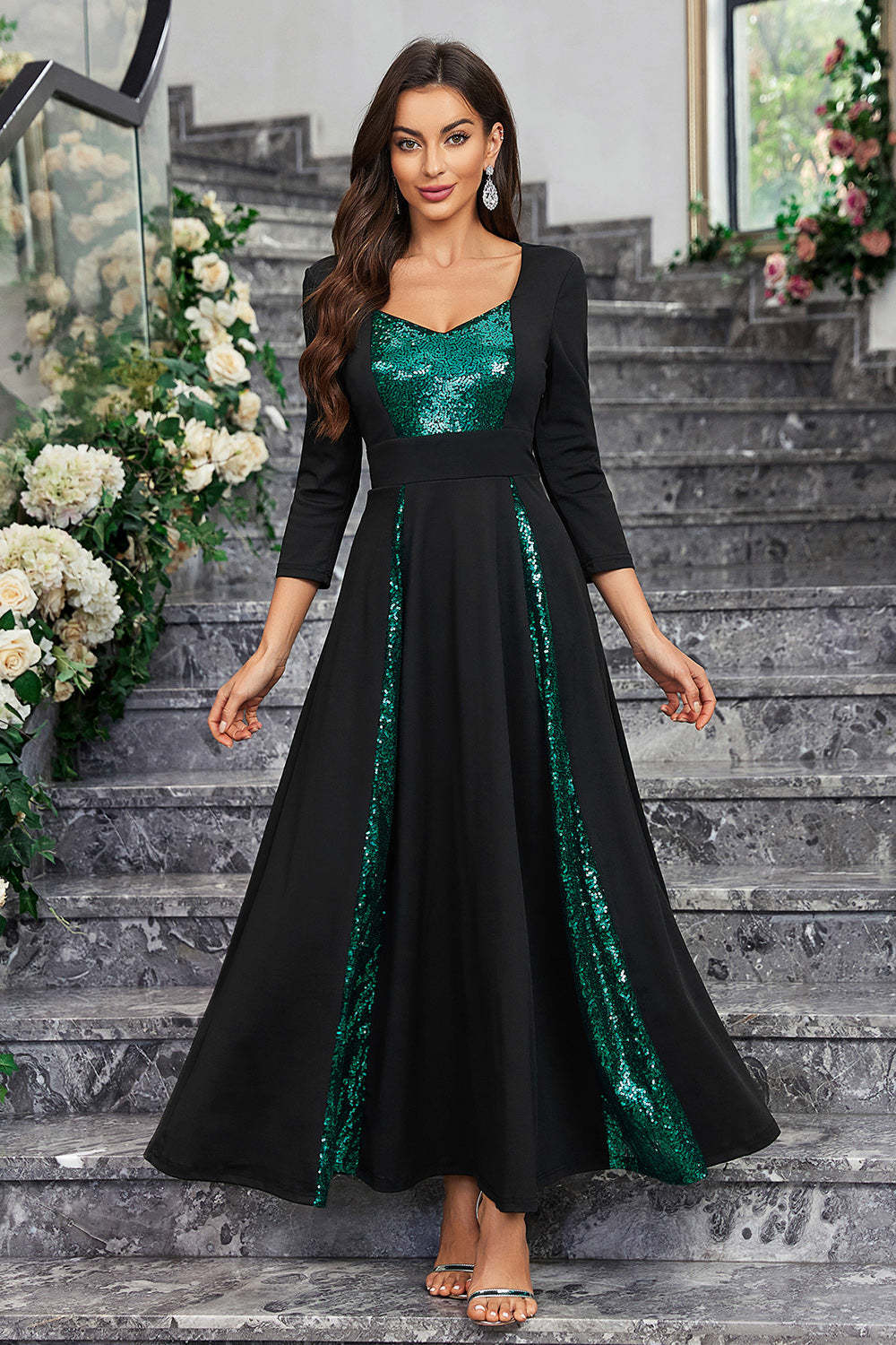 Leely Women Sparkly Black Green Sequined Prom Dress With Long Sleeves A Line Long Evening Dress