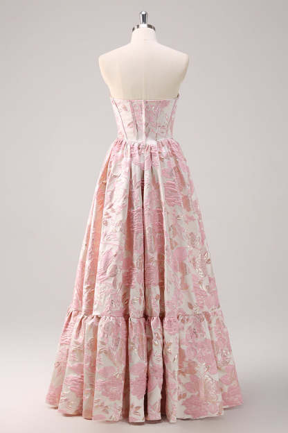 Strapless Blue Sweetheart Corset A-Line Floral Prom Dress