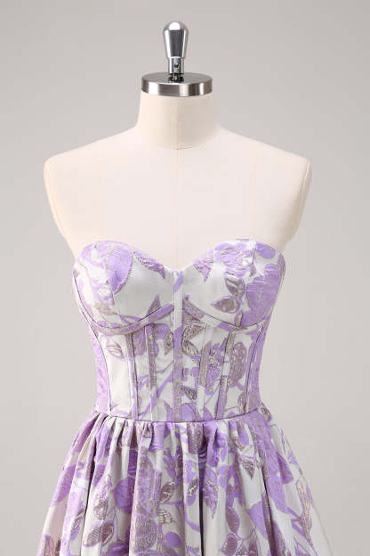 Strapless Blue Sweetheart Corset A-Line Floral Prom Dress