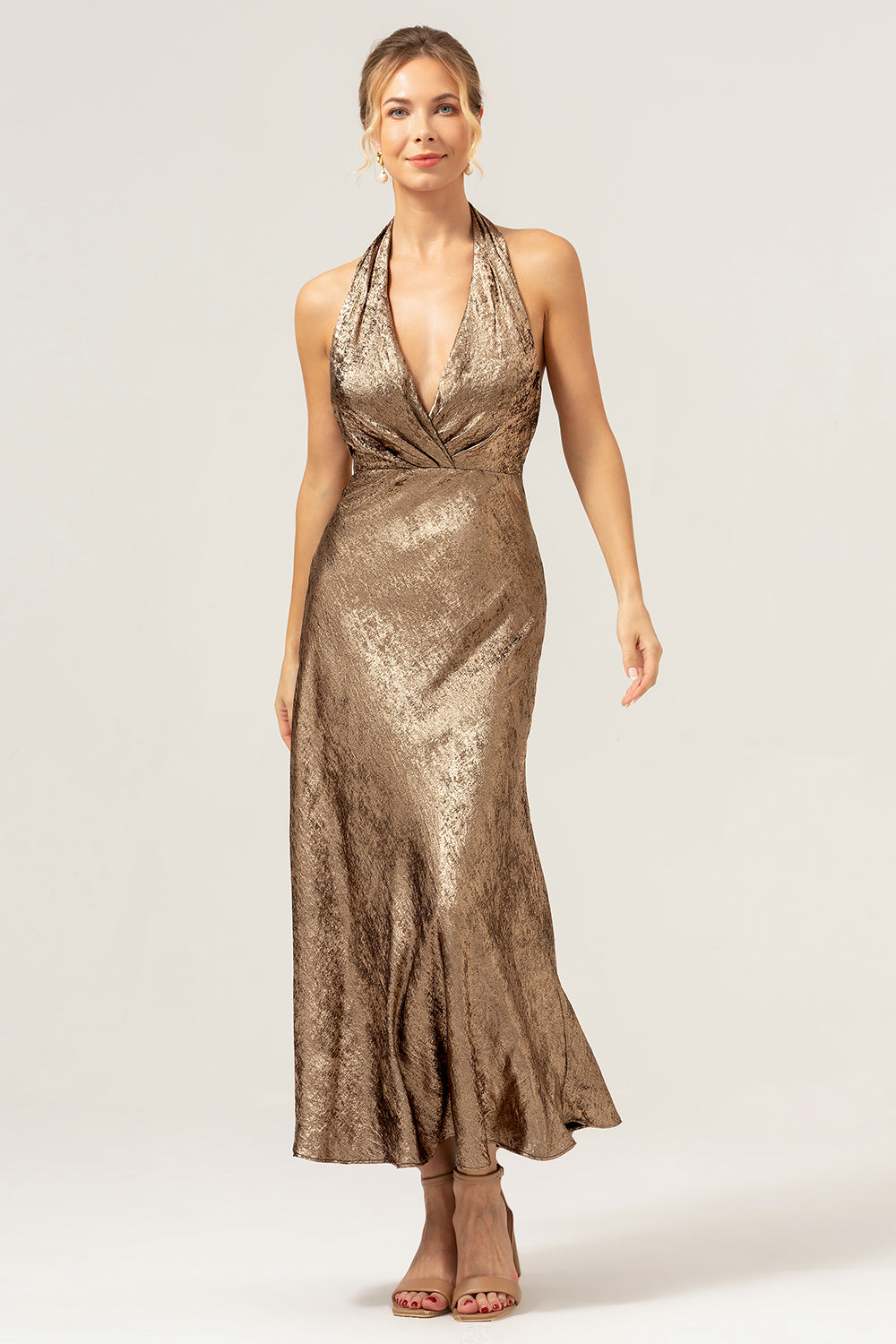 Leely Women Glitter Golden Halter Tea-Length Mermaid Wedding Guest Dress Backless Formal Dress