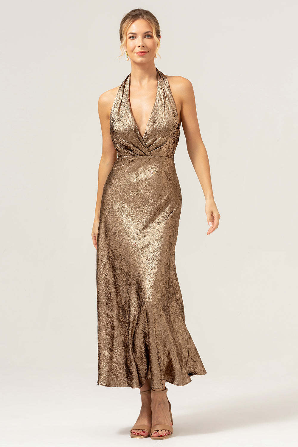 Leely Women Glitter Golden Halter Tea-Length Mermaid Wedding Guest Dress Backless Formal Dress