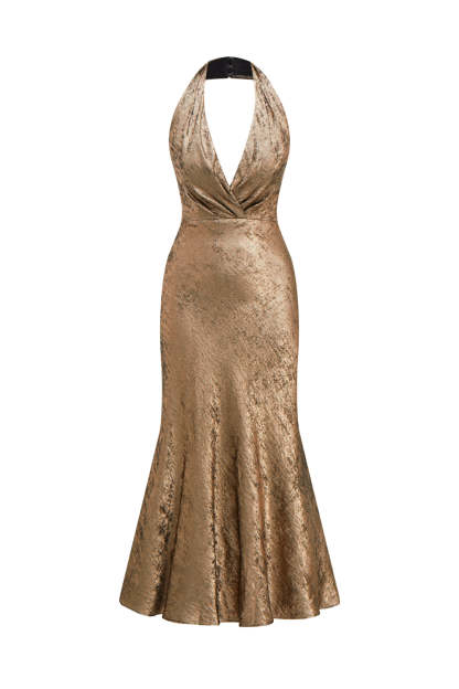 Leely Women Golden Halter Neck Cocktail Dress Mermaid Satin Midi Party Dress