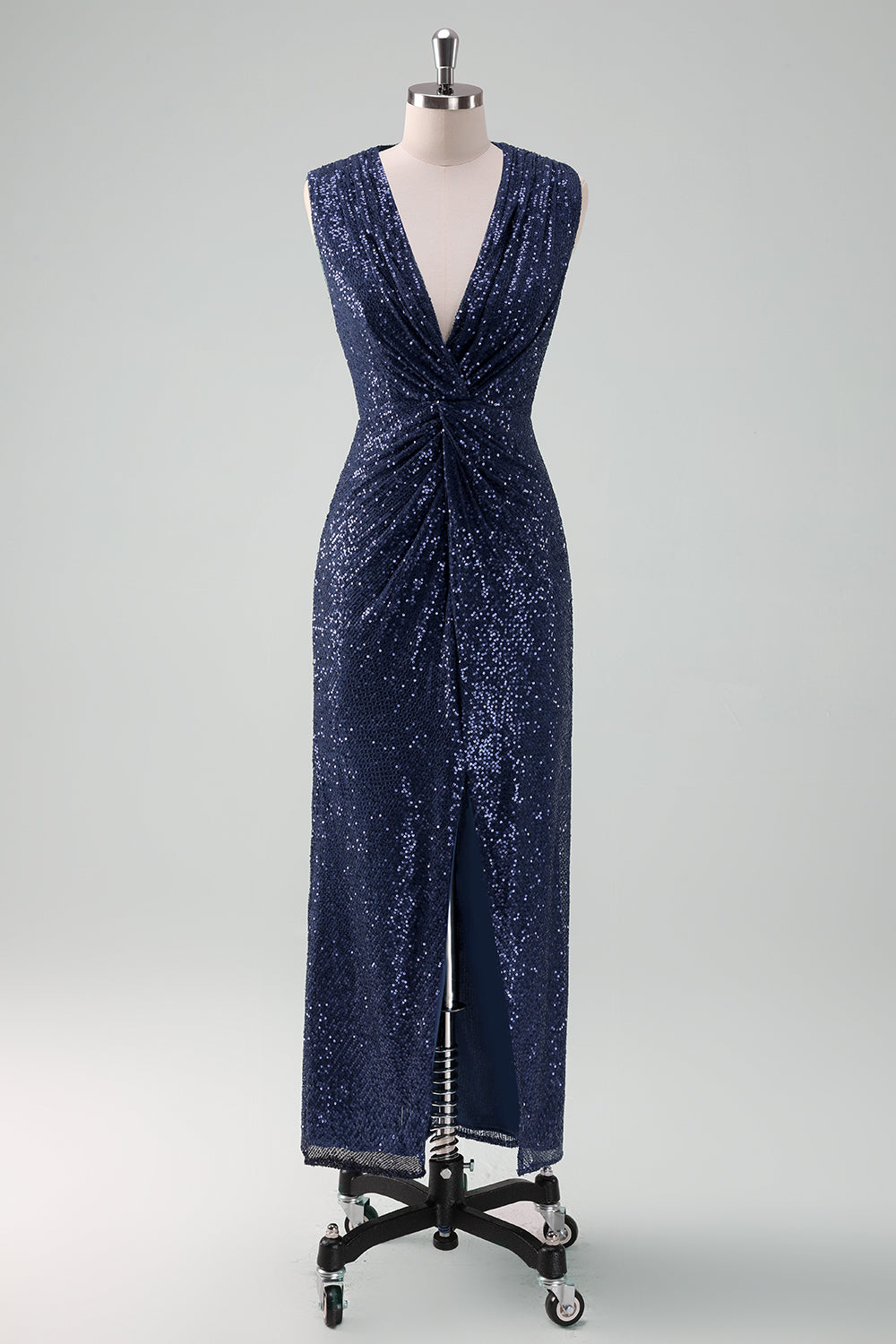 Sparkly Navy V-Neck Sheath Wedding Guest Dress with Slit