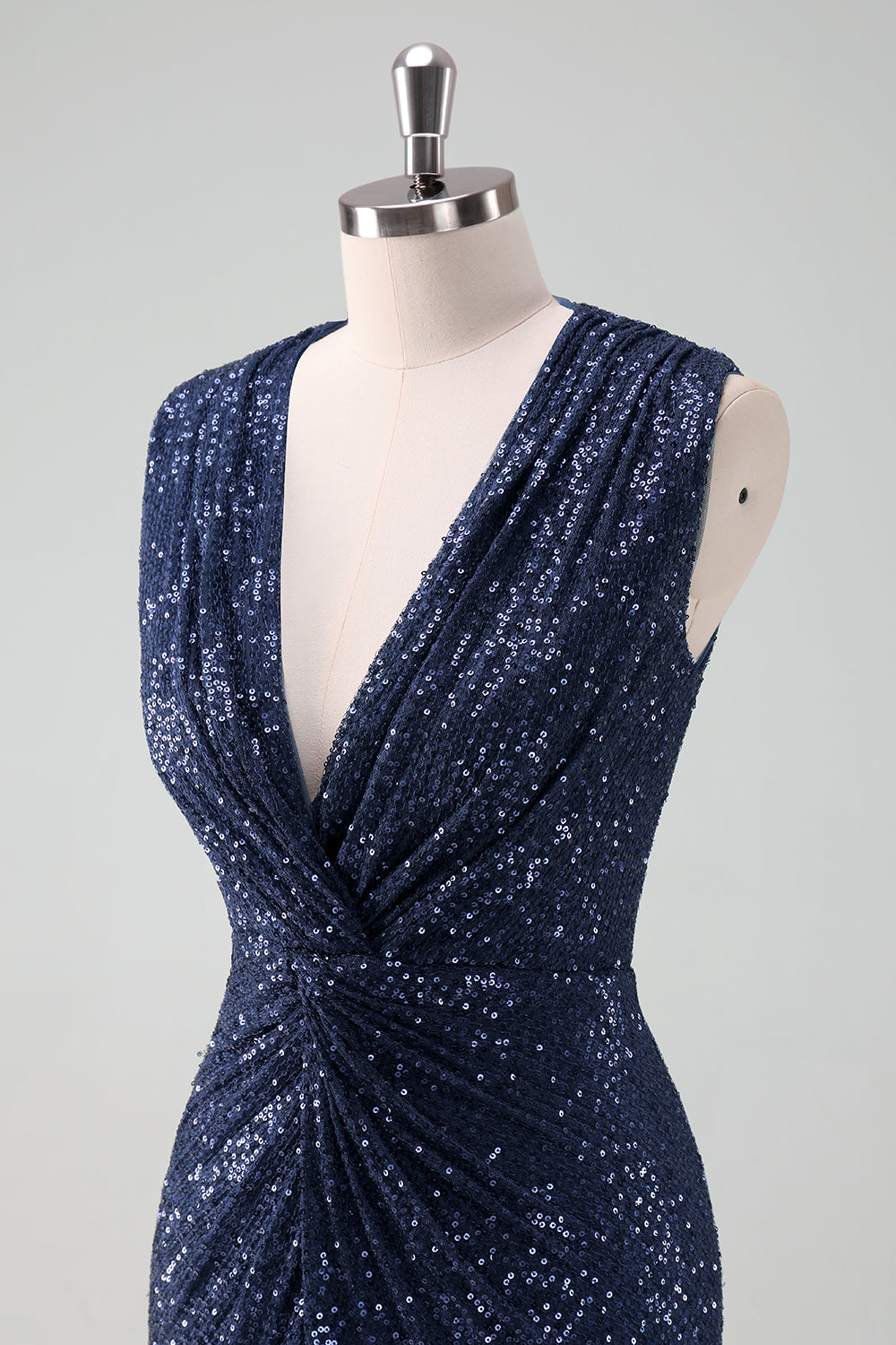 Sparkly Navy V-Neck Sheath Wedding Guest Dress with Slit