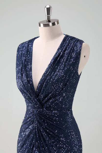 Sparkly Navy V-Neck Sheath Wedding Guest Dress with Slit