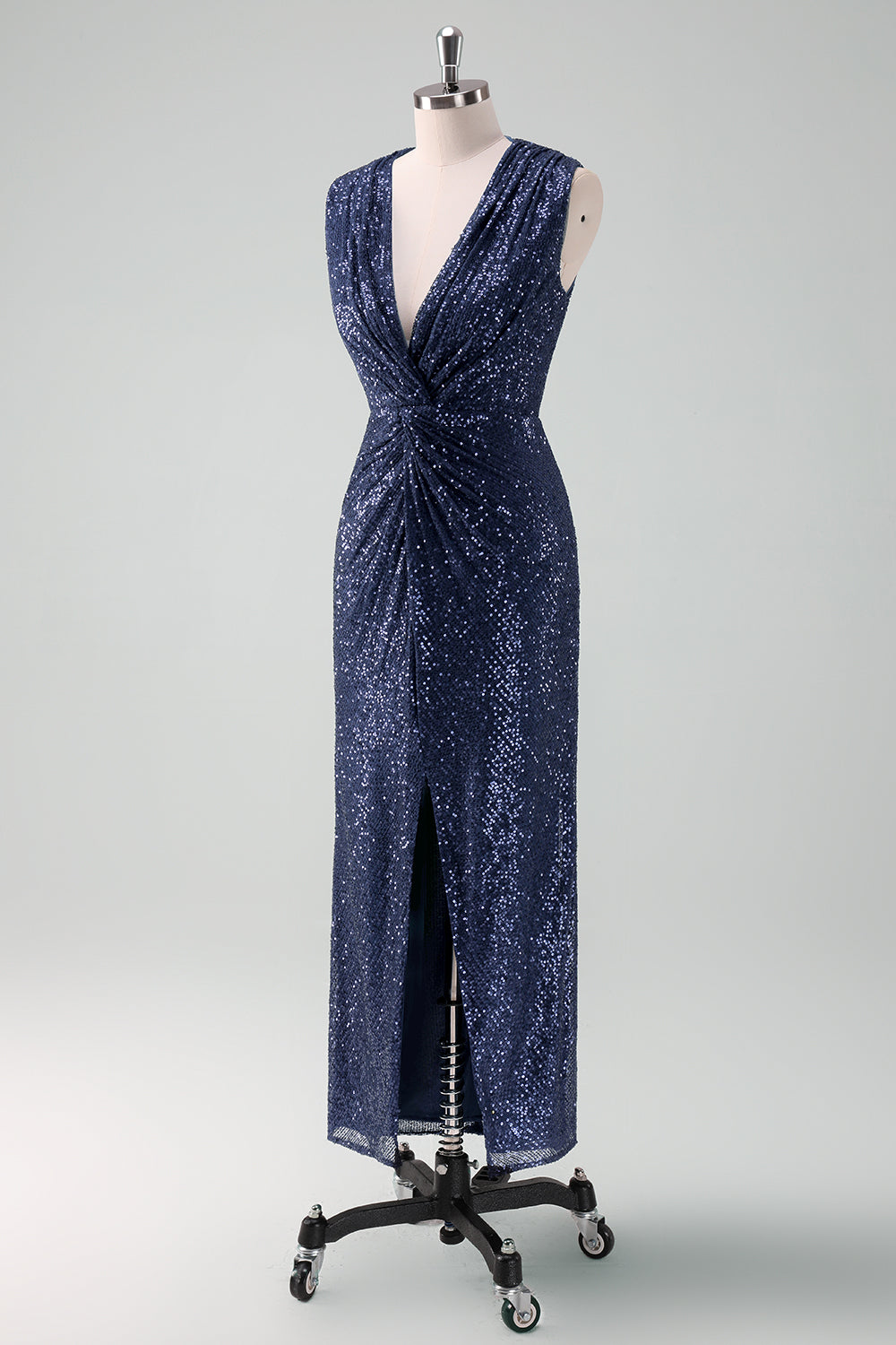 Sparkly Navy V-Neck Sheath Wedding Guest Dress with Slit