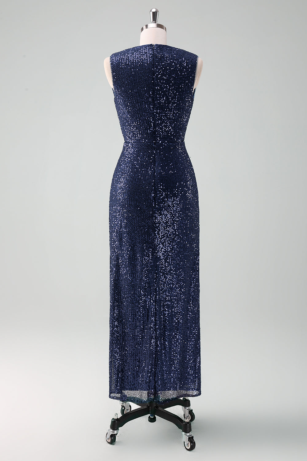Sparkly Navy V-Neck Sheath Wedding Guest Dress with Slit