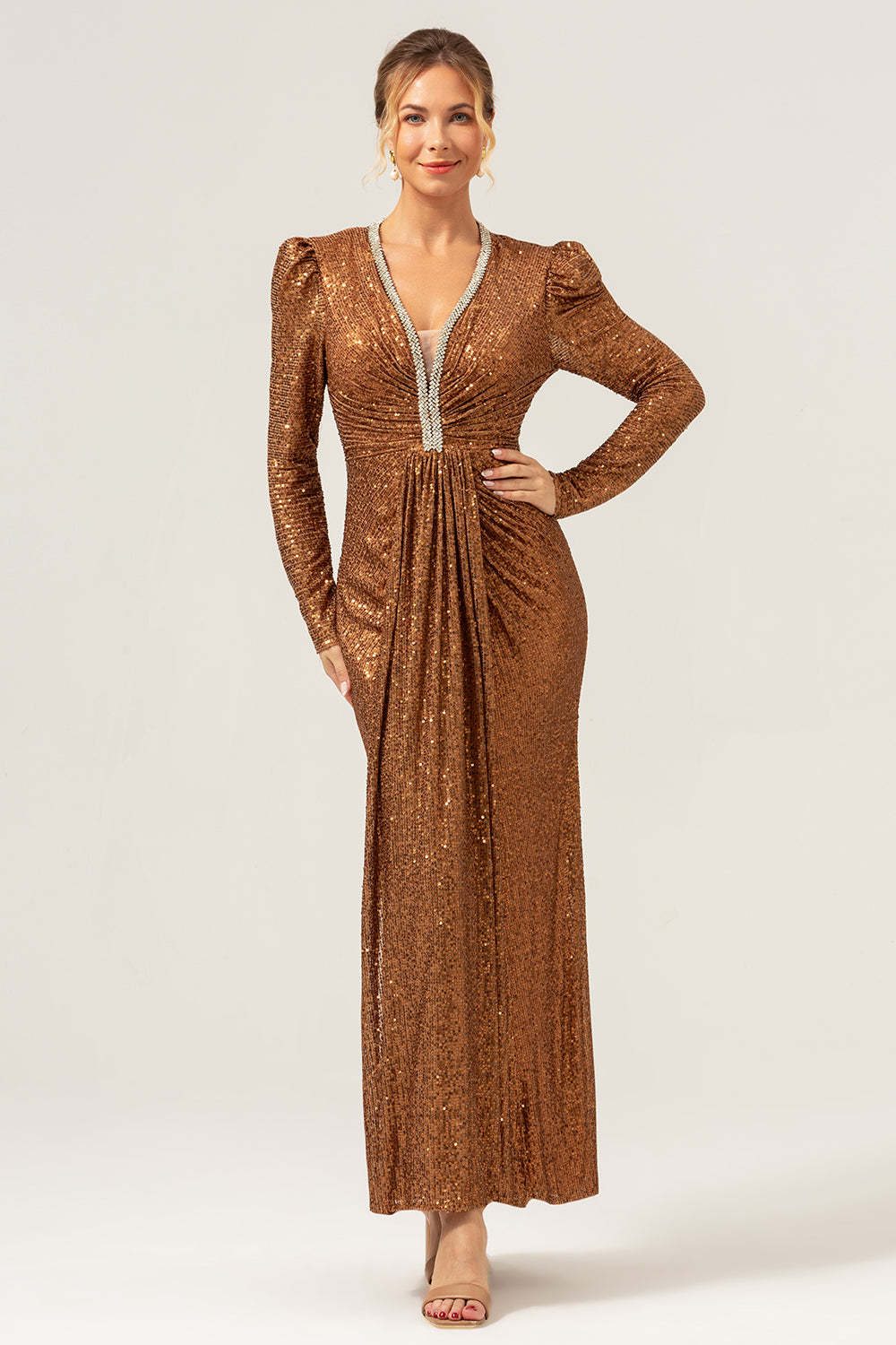Sparkly Coffee Mermaid Wedding Party Dress with Long Sleeves