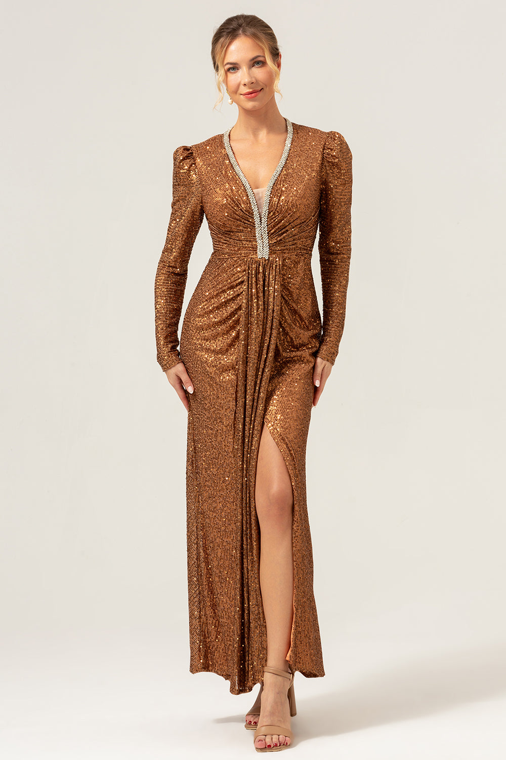 Leely Women Sparkly Coffee Mermaid Wedding Party Dress with Long Sleeves V-Neck Sequined Formal Dress with Slit