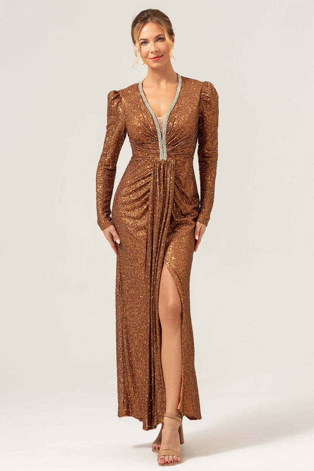 Leely Women Sparkly Coffee Mermaid Wedding Party Dress with Long Sleeves V-Neck Sequined Formal Dress with Slit