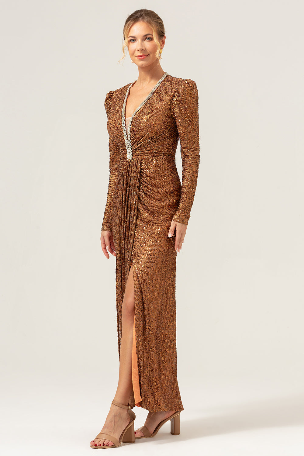 Sparkly Coffee Mermaid Wedding Party Dress with Long Sleeves