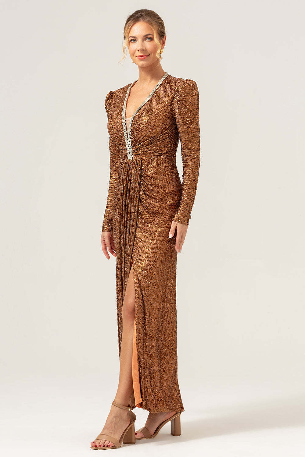 Sparkly Coffee Mermaid Wedding Party Dress with Long Sleeves