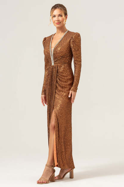 Sparkly Coffee Mermaid Wedding Party Dress with Long Sleeves