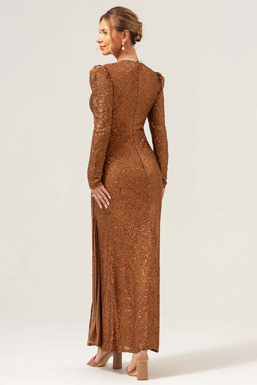 Sparkly Coffee Mermaid Wedding Party Dress with Long Sleeves