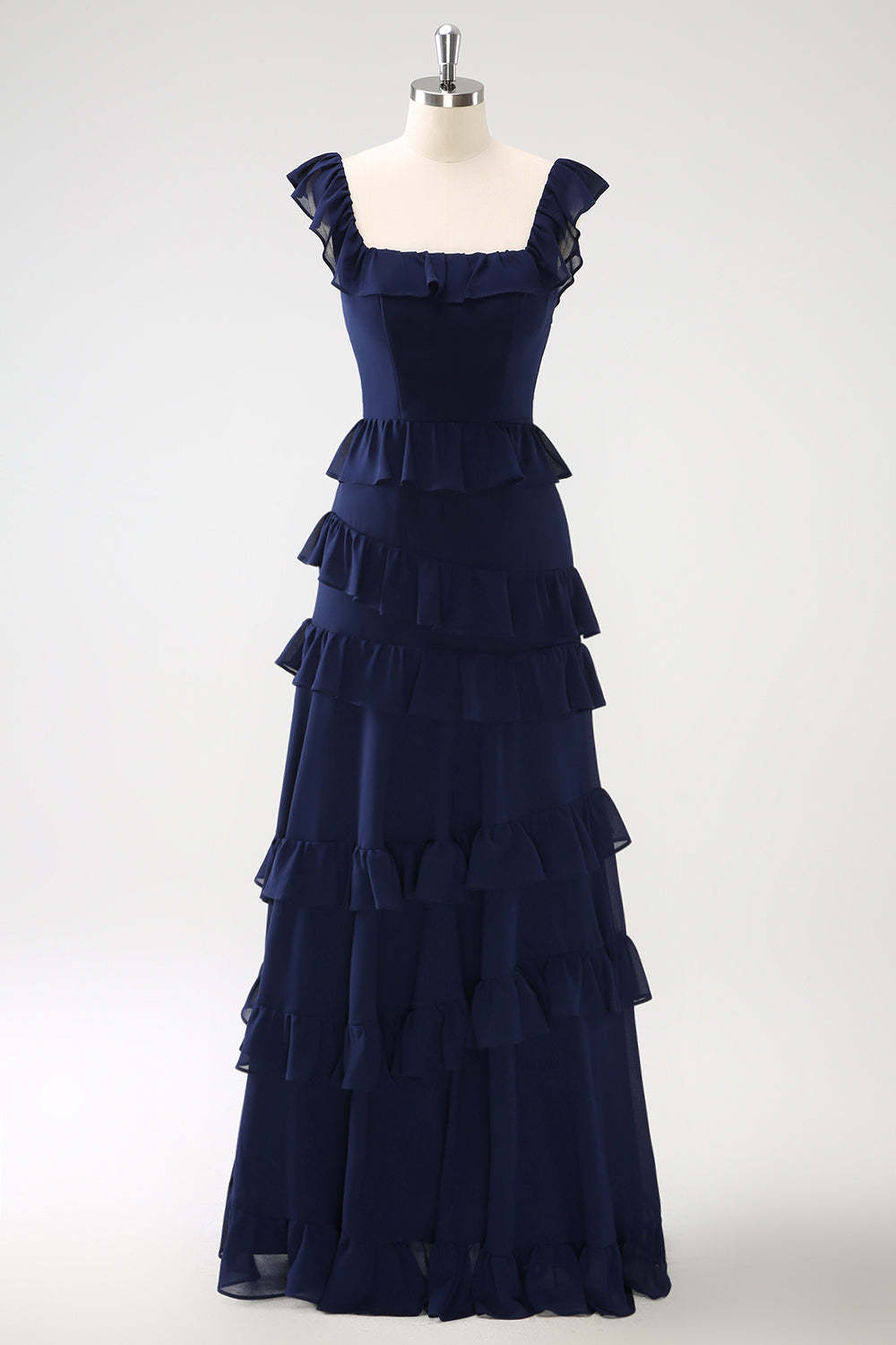Dark Navy Square Neck A-Line Tiered Chiffon Bridesmaid Dress with Slit