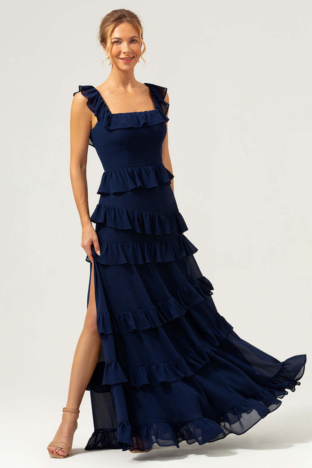 Dark Navy Square Neck A-Line Tiered Chiffon Bridesmaid Dress with Slit