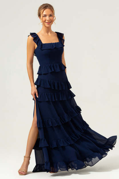 Dark Navy Square Neck A-Line Tiered Chiffon Bridesmaid Dress with Slit