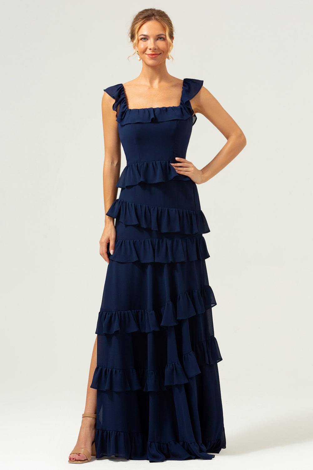 Leely Women Dark Navy Bridesmaid Dress Square Neck Tiered A-Line Chiffon Wedding Party Dress