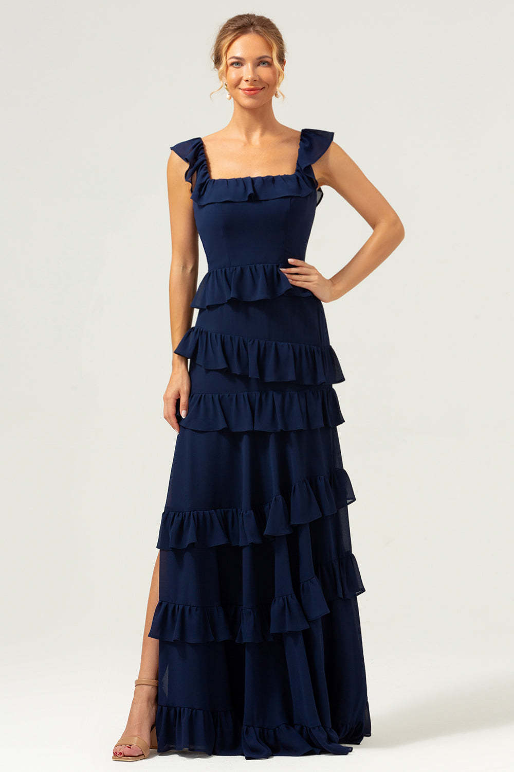 Leely Women Dark Navy Bridesmaid Dress Square Neck Tiered A-Line Chiffon Wedding Party Dress