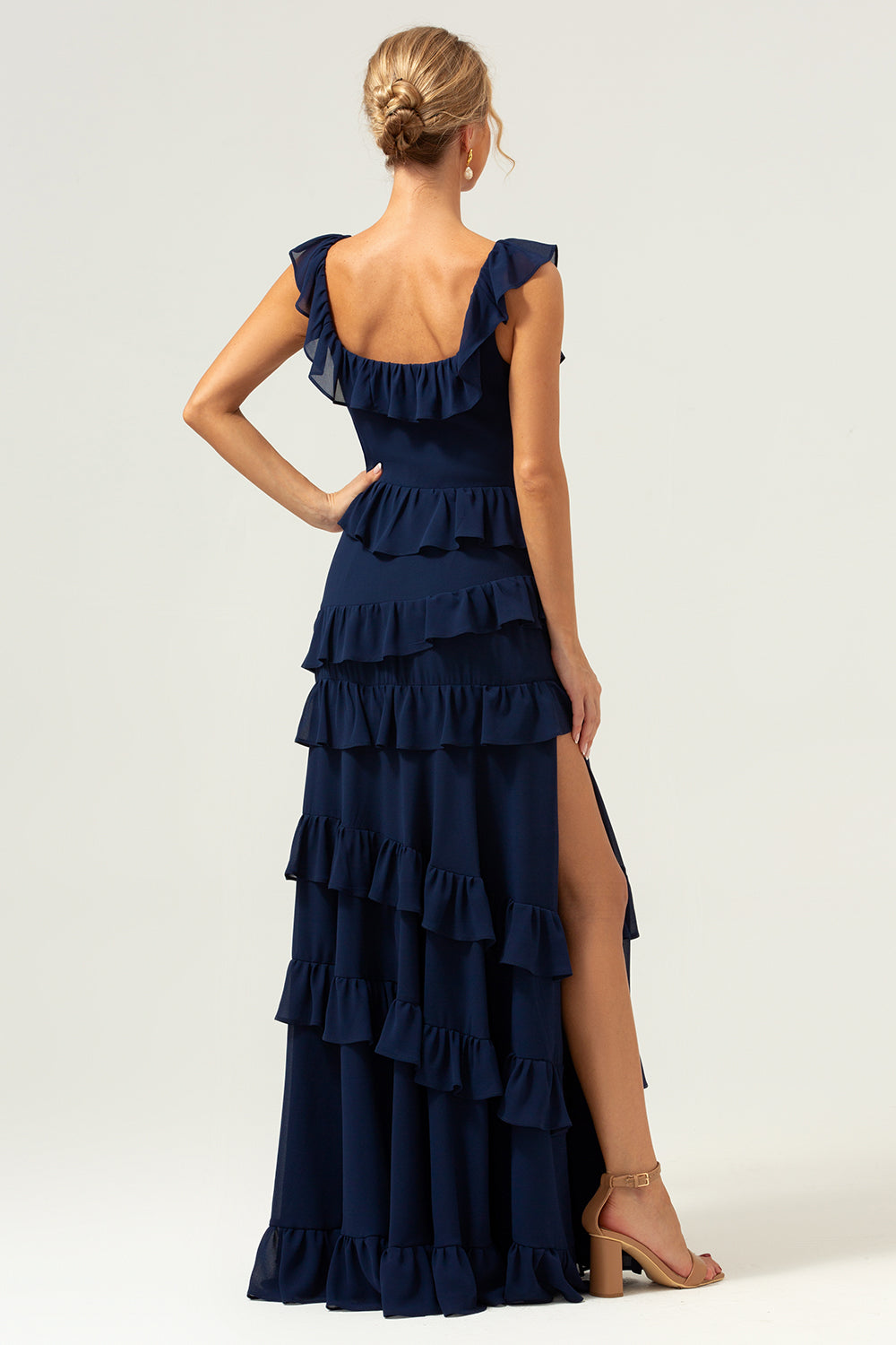 Dark Navy Square Neck A-Line Tiered Chiffon Bridesmaid Dress with Slit