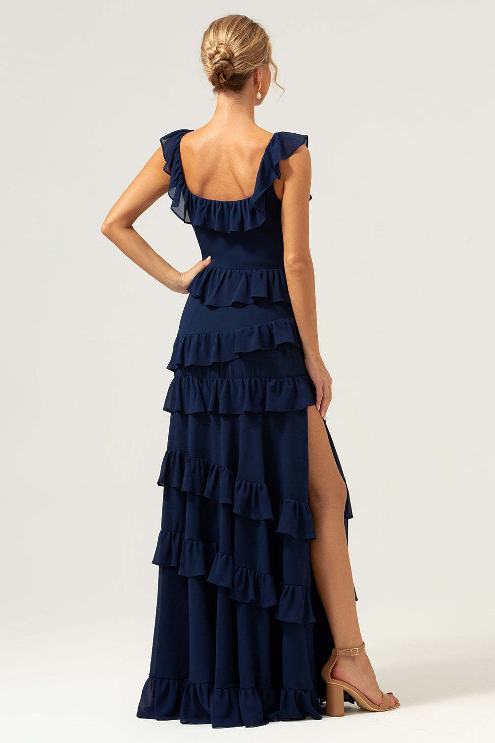 Dark Navy Square Neck A-Line Tiered Chiffon Bridesmaid Dress with Slit