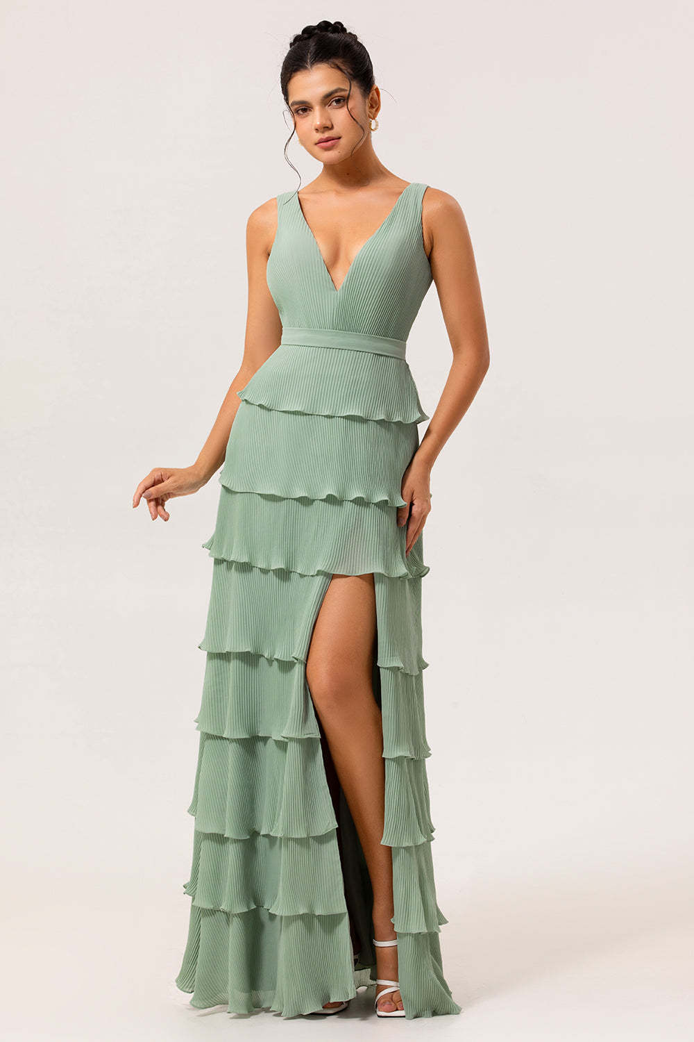 Leely Women Dusty Sage Tiered Long Bridesmaid Dress V-Neck A Line Summer Wedding Guest Dress with Slit