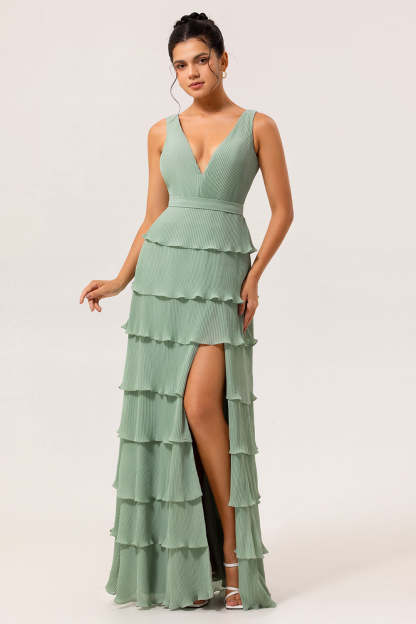 Leely Women Dusty Sage Tiered Long Bridesmaid Dress V-Neck A Line Summer Wedding Guest Dress with Slit