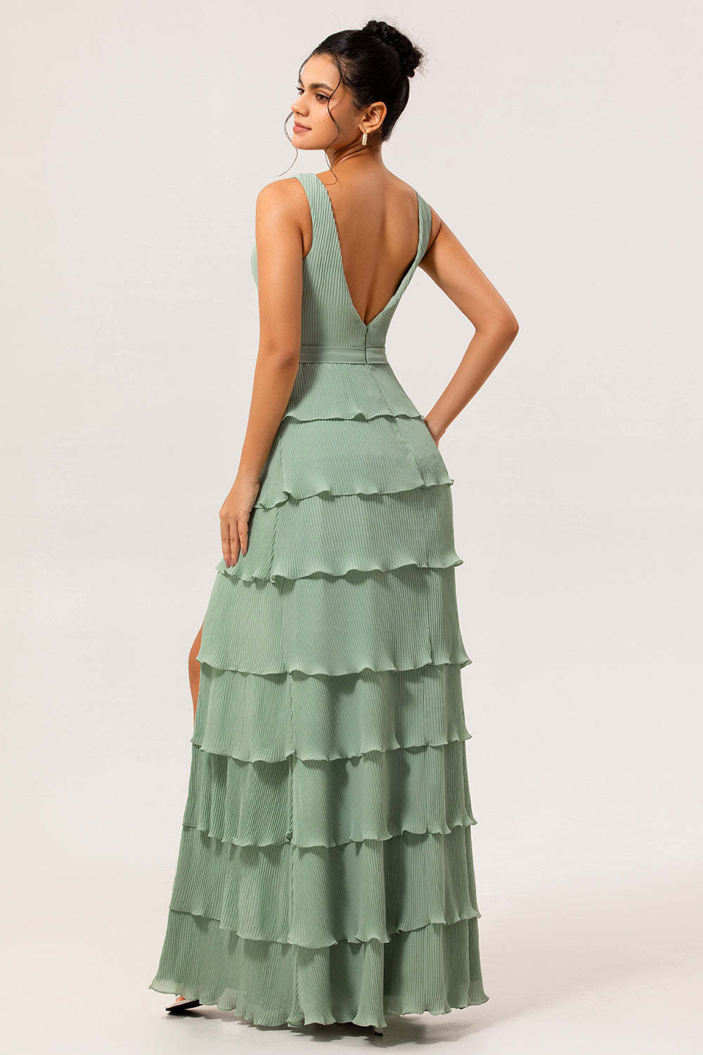 Dusty Sage Tiered A Line Long Bridesmaid Dress with Slit