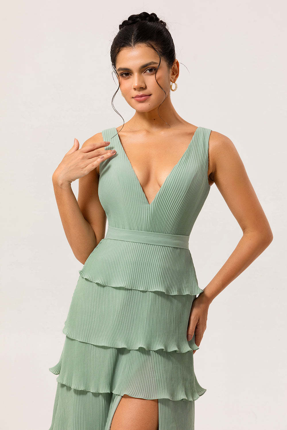 Dusty Sage Tiered A Line Long Bridesmaid Dress with Slit