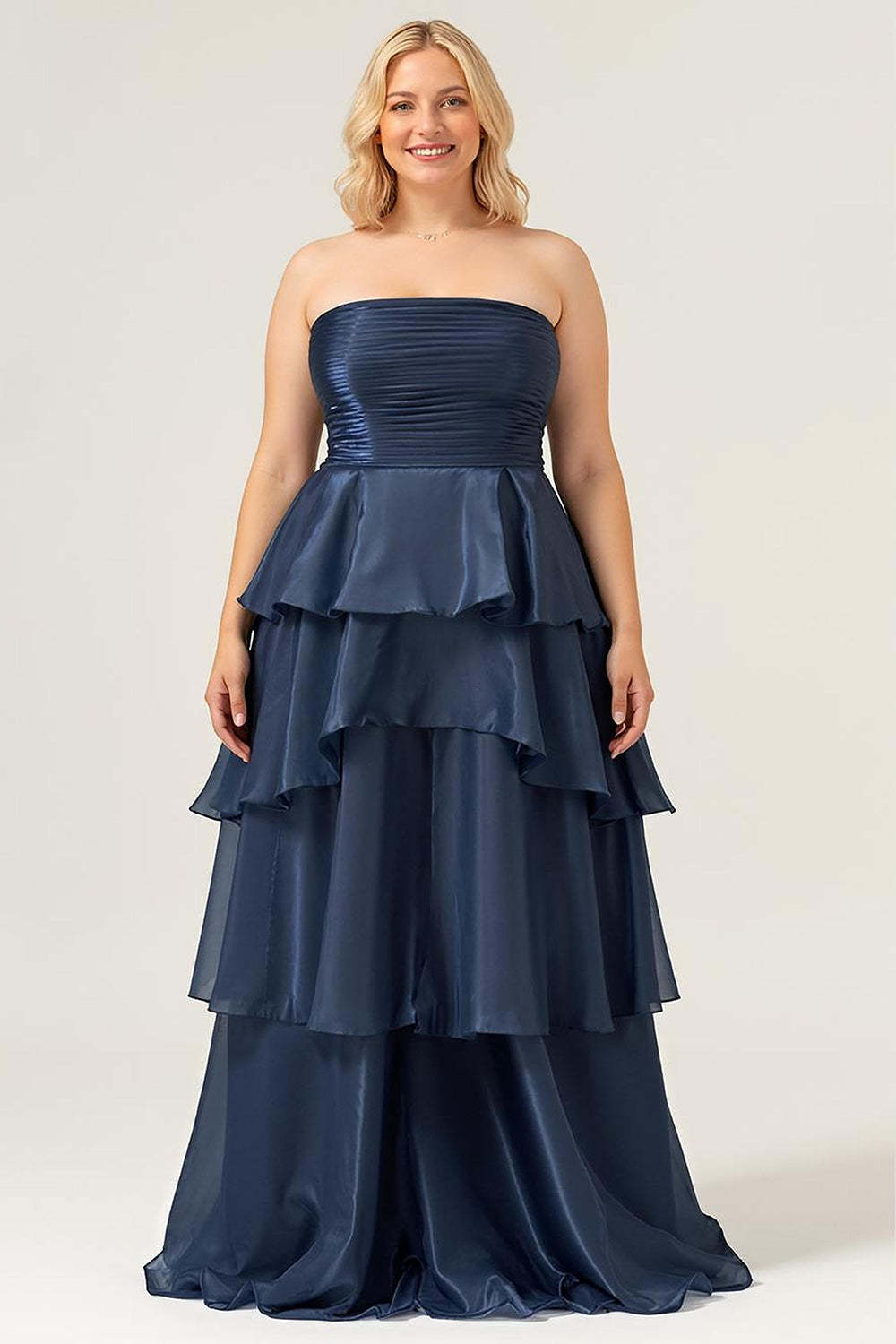 Plus Size Dark Navy Strapless A Line Tiered Satin Maxi Bridesmaid Dress