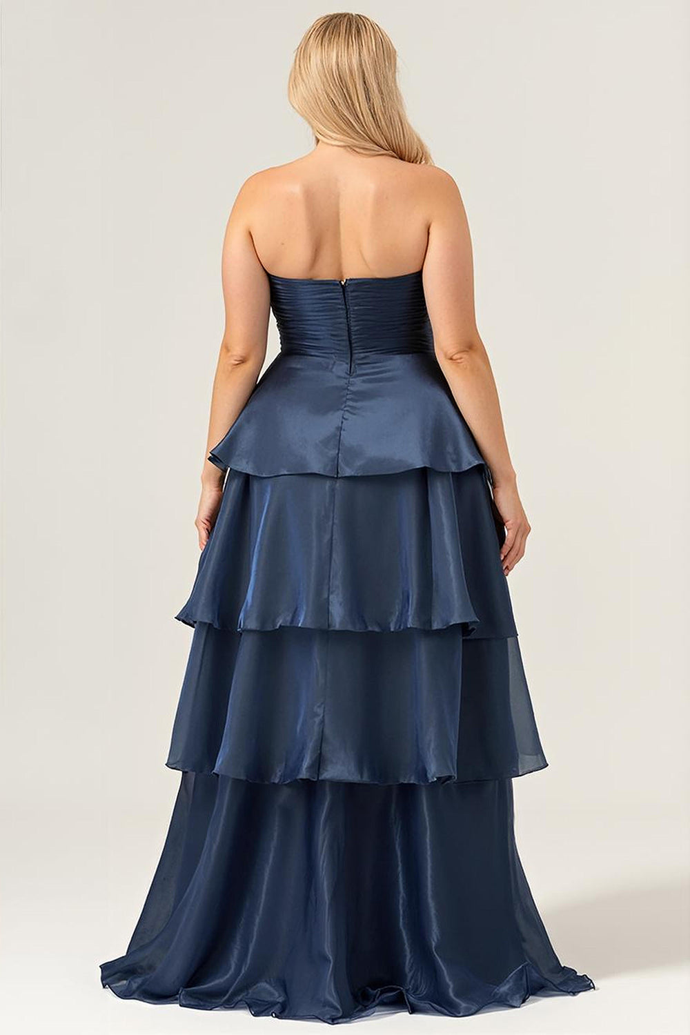 Plus Size Dark Navy Strapless A Line Tiered Satin Maxi Bridesmaid Dress