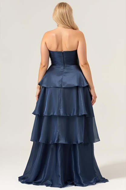 Plus Size Dark Navy Strapless A Line Tiered Satin Maxi Bridesmaid Dress