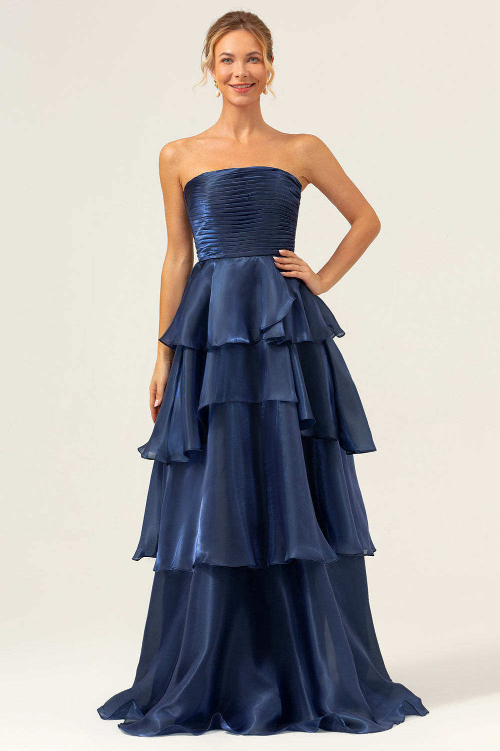 Dark Navy A Line Pleated Strapless Tiered Satin Bridesmaid Dress