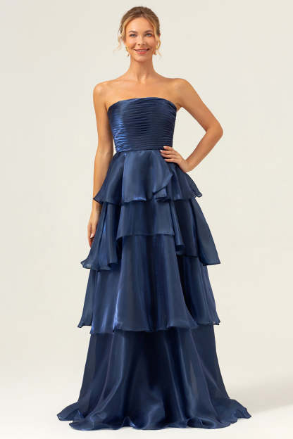 Dark Navy A Line Pleated Strapless Tiered Satin Bridesmaid Dress