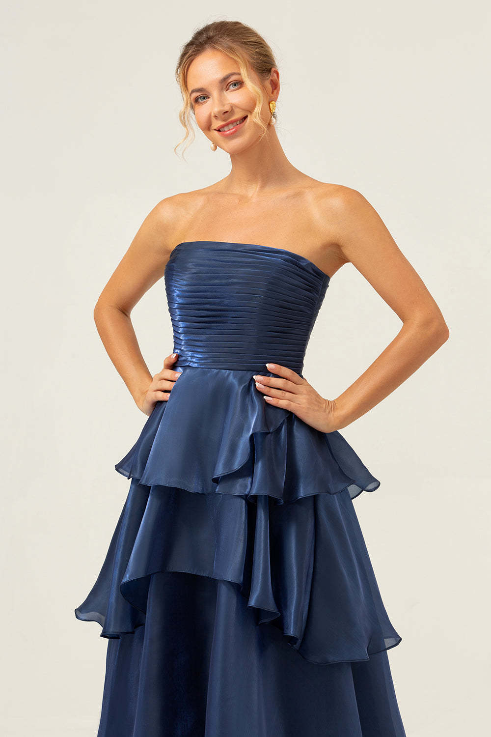 Dark Navy A Line Pleated Strapless Tiered Satin Bridesmaid Dress