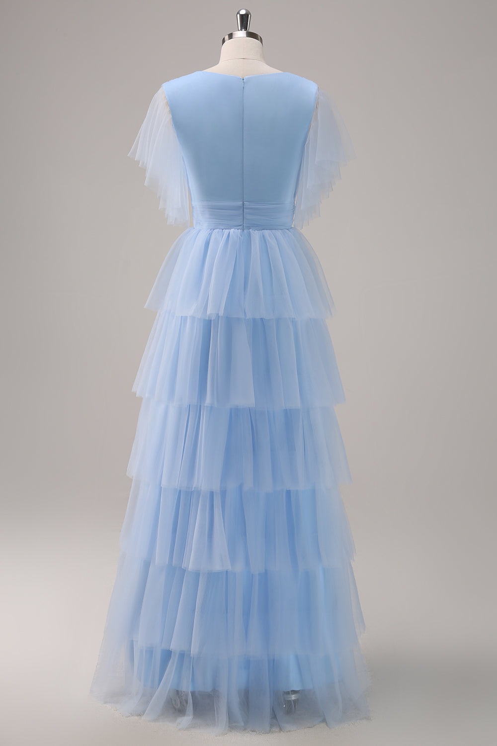 Grey Blue Ruffles Tiered A-Line Tulle Bridesmaid Dress with Slit