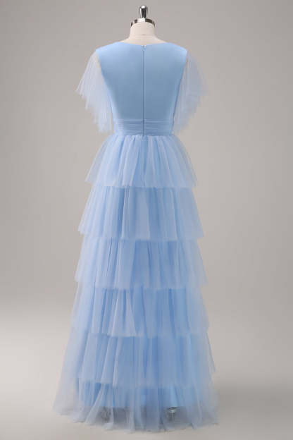 Grey Blue Ruffles Tiered A-Line Tulle Bridesmaid Dress with Slit