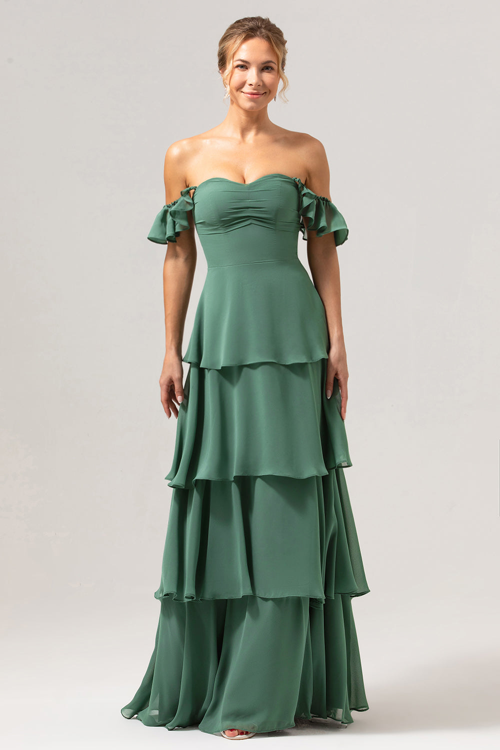 Eucalyptus Off the Shoulder Sweetheart Tiered A-Line Bridesmaid Dress