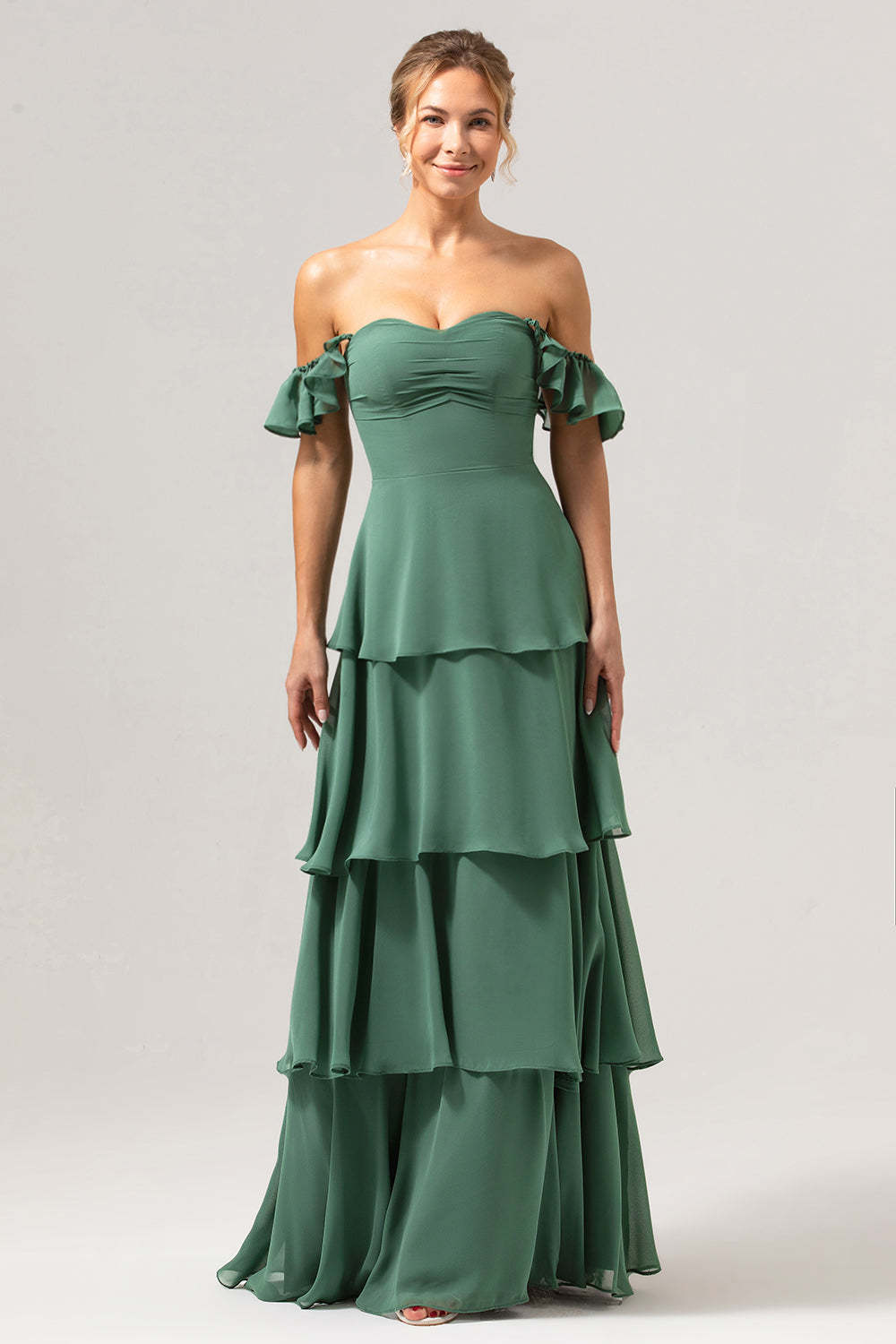 Eucalyptus Off the Shoulder Sweetheart Tiered A-Line Bridesmaid Dress