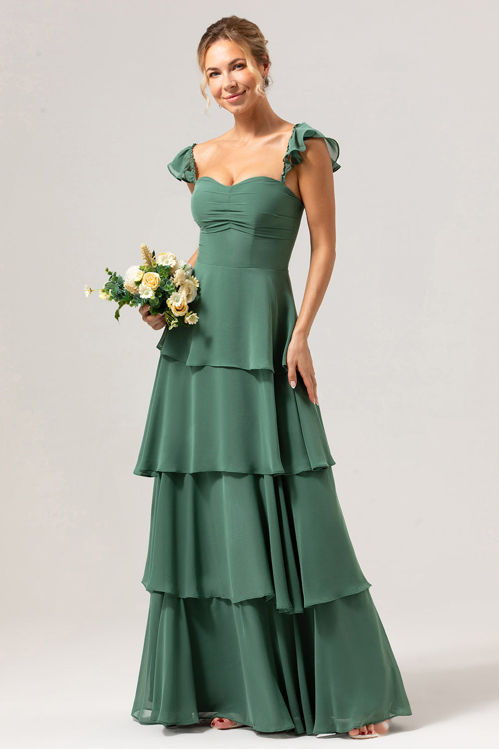 Eucalyptus Off the Shoulder Sweetheart Tiered A-Line Bridesmaid Dress