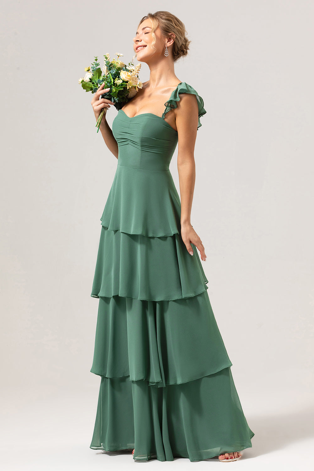 Eucalyptus Off the Shoulder Sweetheart Tiered A-Line Bridesmaid Dress
