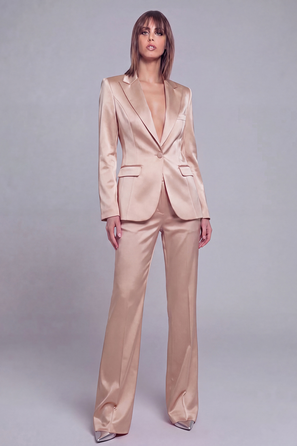 Grey Pink Satin Notched Lapel Women Suits with Long Sleeves