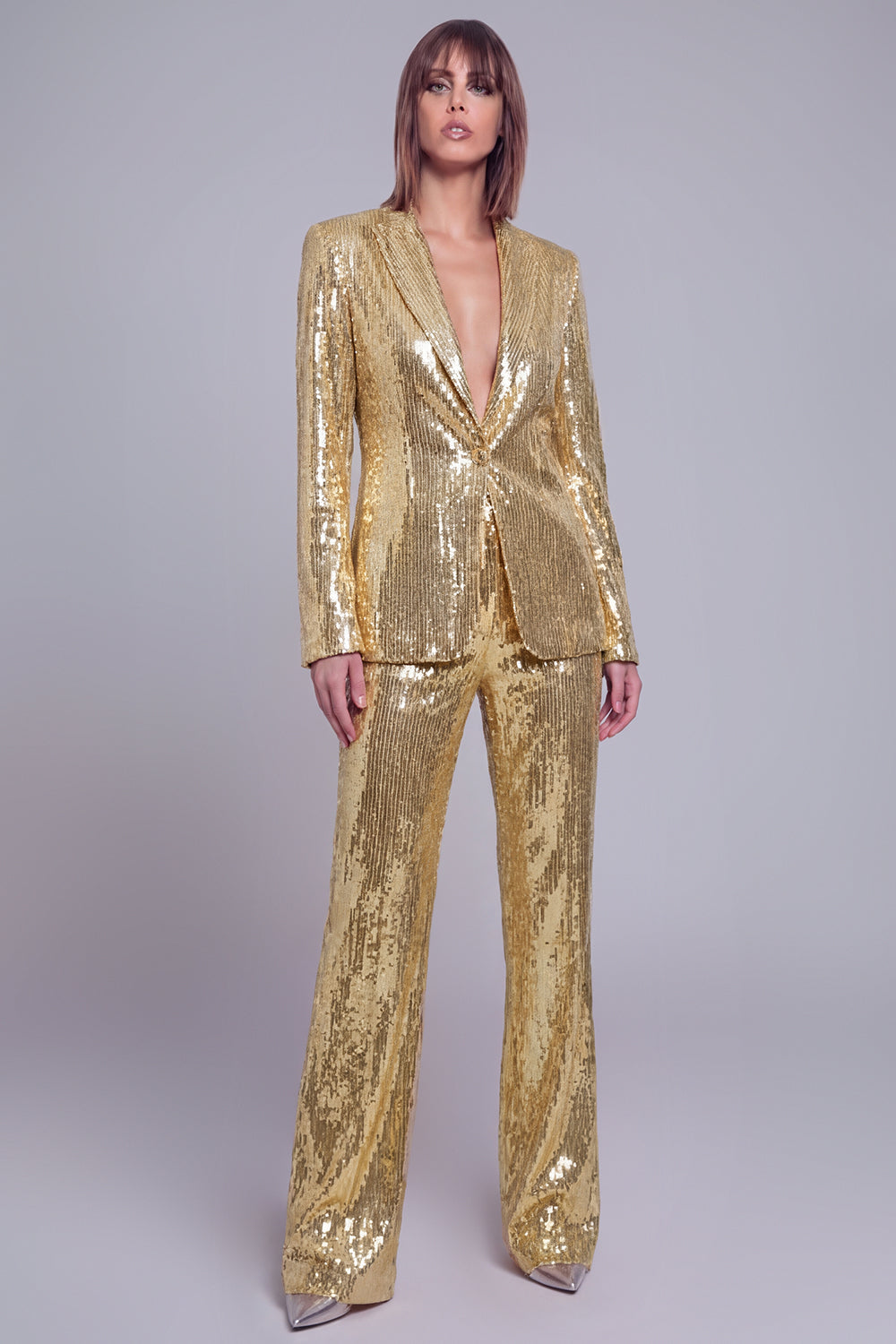 Leely Sparkly Golden Sequined 2 Piece Women Party Tuxedo Shawl Lapel Trouser Suit